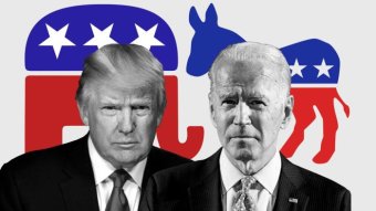 A composite image of Donald Trump and Joe Biden in front of the logos of the Republican and Democratic Party.