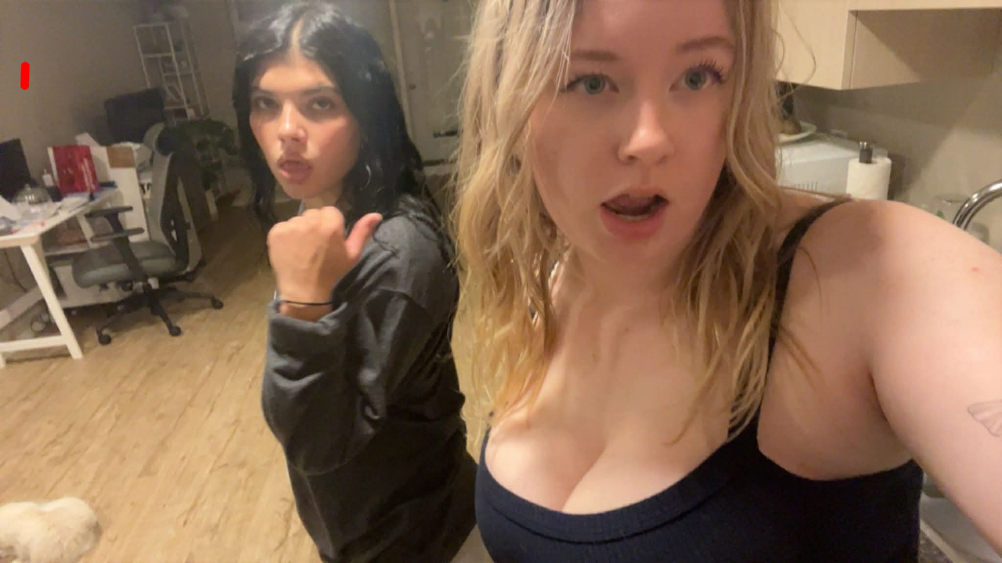 Dos chicas hacen expresiones faciales divertidas mientras toman fotografías.