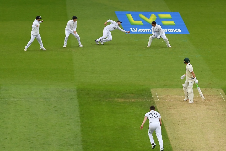 Joe Root takes a one-handed catch in a wide shot from an Ashes Test.