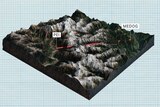 A 3d model of the Yarlung Tsangpo Grand Canyon shows a potential path of a hydropower tunnel through the Himalayan mountains