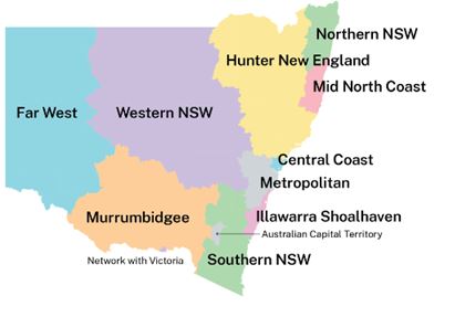 A multi-coloured map shwing the different local health districts across NSW.