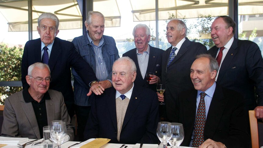 Kep Enderby (top left) with former cabinet members at Gough Whitlam's (centre) 90th birthday party in Sydney in 2006.