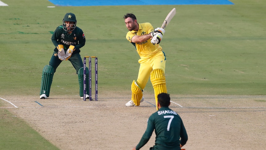 Glenn Maxwell of Australia plays a shot during the ICC Men's Cricket World Cup India 2023 warm up match.