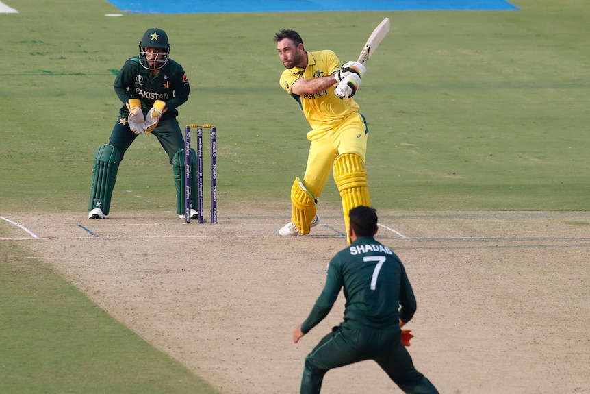Glenn Maxwell of Australia plays a shot during the ICC Men's Cricket World Cup India 2023 warm up match.