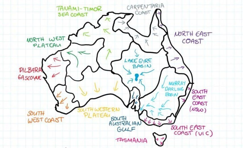 A map of Australia divided into the different water catchments.