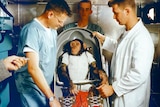 A chimp in a capsule surrounded by scientists