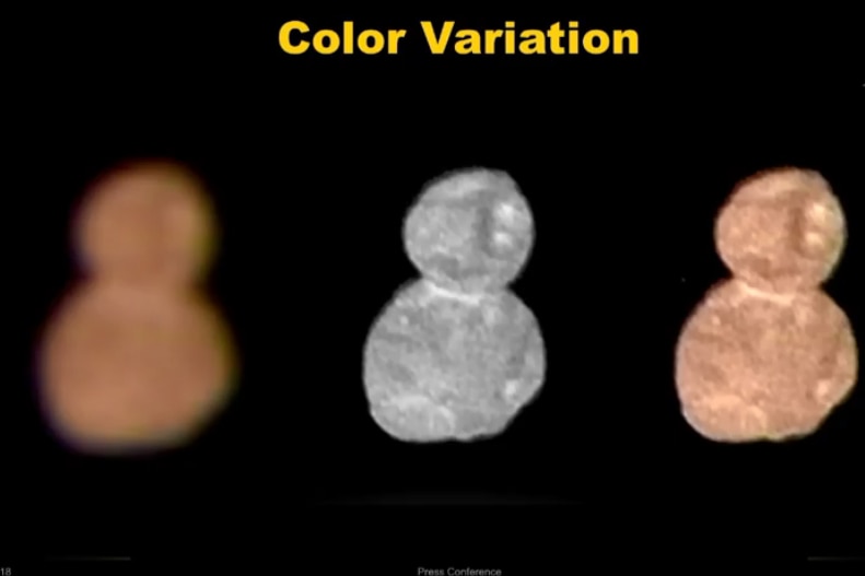 A fuzzy, red image of Ultima Thule, next to a sharp black and white shot, and the two images combined to make a sharp, red shot.