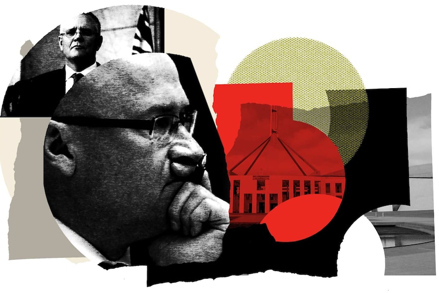 A graphic featuring John Kunkel in the foreground in front of an image of Prime Minister Scott Morrison and Parliament House.