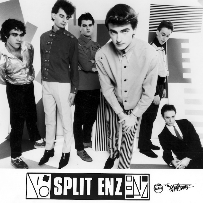 Black and white promo photo of Split Enz