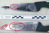 Police evidence images of a bloodied knife with a black handle and red circles indicating marks on the blade.