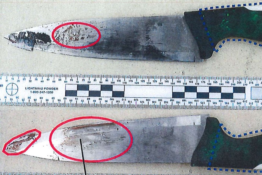 Police evidence images of a bloodied knife with a black handle and red circles indicating marks on the blade.