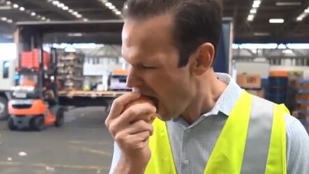 Matt Canavan, wearing a high-vis vest with Brisbane Markets logo, bites into a raw onion.