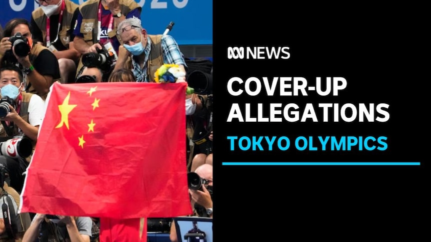 Cover-Up Allegations, Tokyo Olympics: A Chinese flag is held up as photographers take pictures in the background.