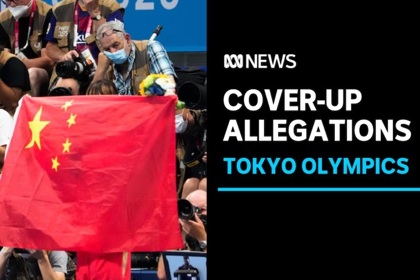 Cover-Up Allegations, Tokyo Olympics: A Chinese flag is held up as photographers take pictures in the background.