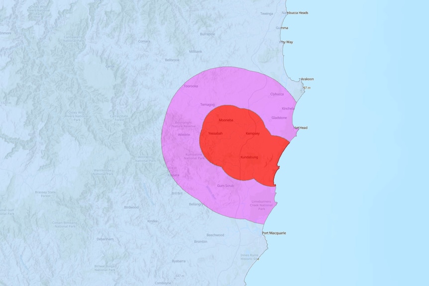 A map surrounding Kempsey showing red and purple varroa mite zones.