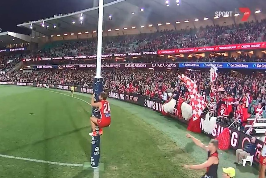 Dane Rampe climbs the goal post, Jake Stringer points his finger and yells at him