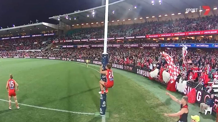Dane Rampe climbs the goal post, Jake Stringer points his finger and yells at him