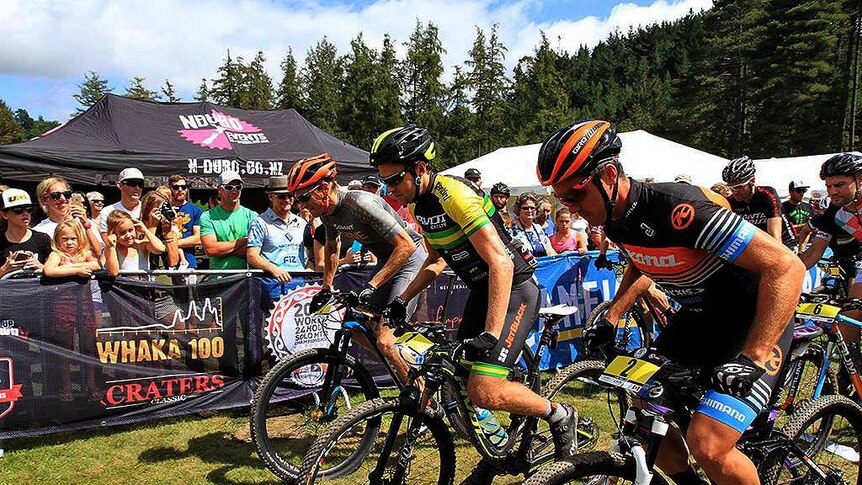 Jason English riding on the course for his 7th 24-Hour Solo Mountain Bike Race World Title
