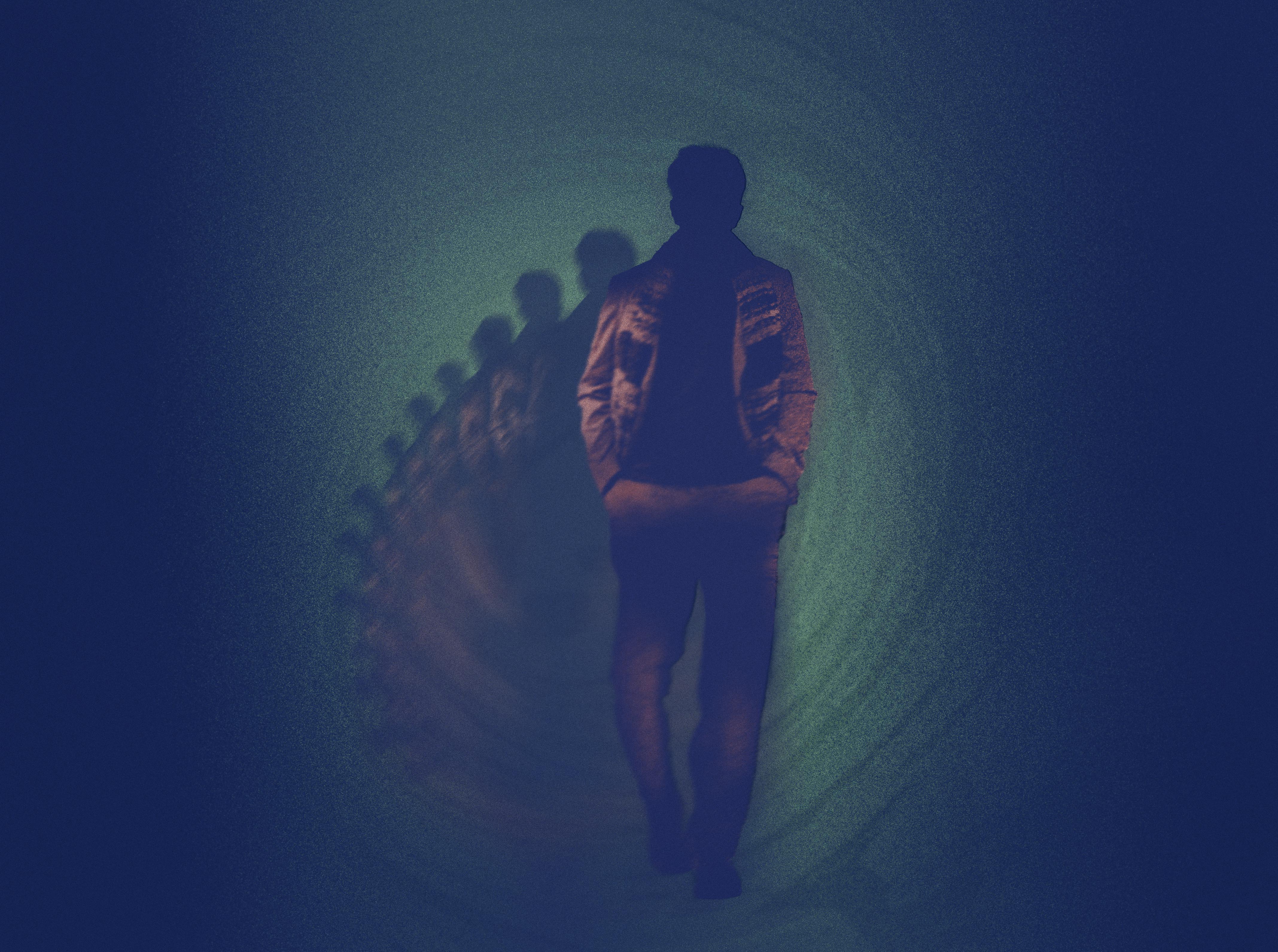 An illustration with multiple images of the same man against a plain background.