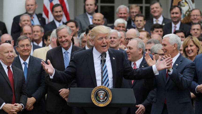 Donald Trump holds a press conference in the Rose Garden