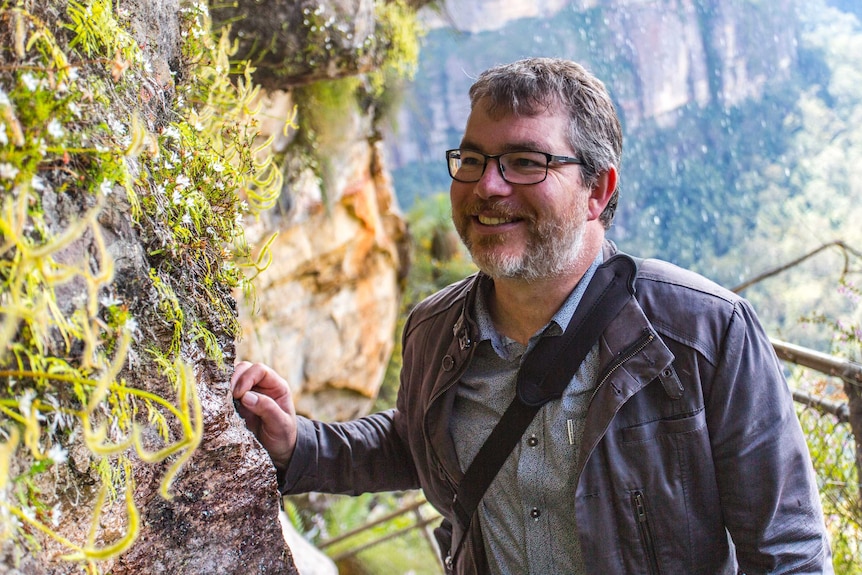 A man looks away from an epic mountain view with a waterfall behind towards a cliff edge scattered with small plants.