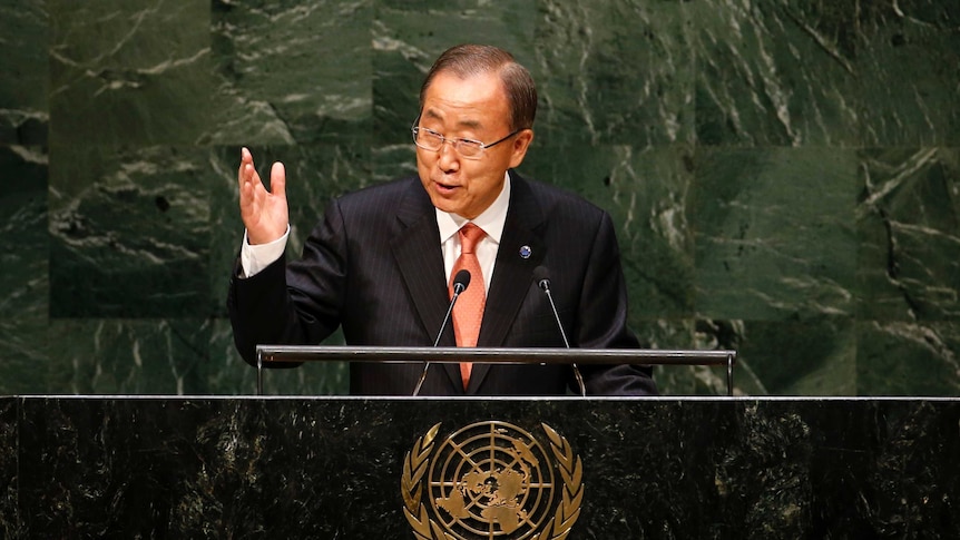 Ban Ki Moon speaks at the UN general assembly in New York
