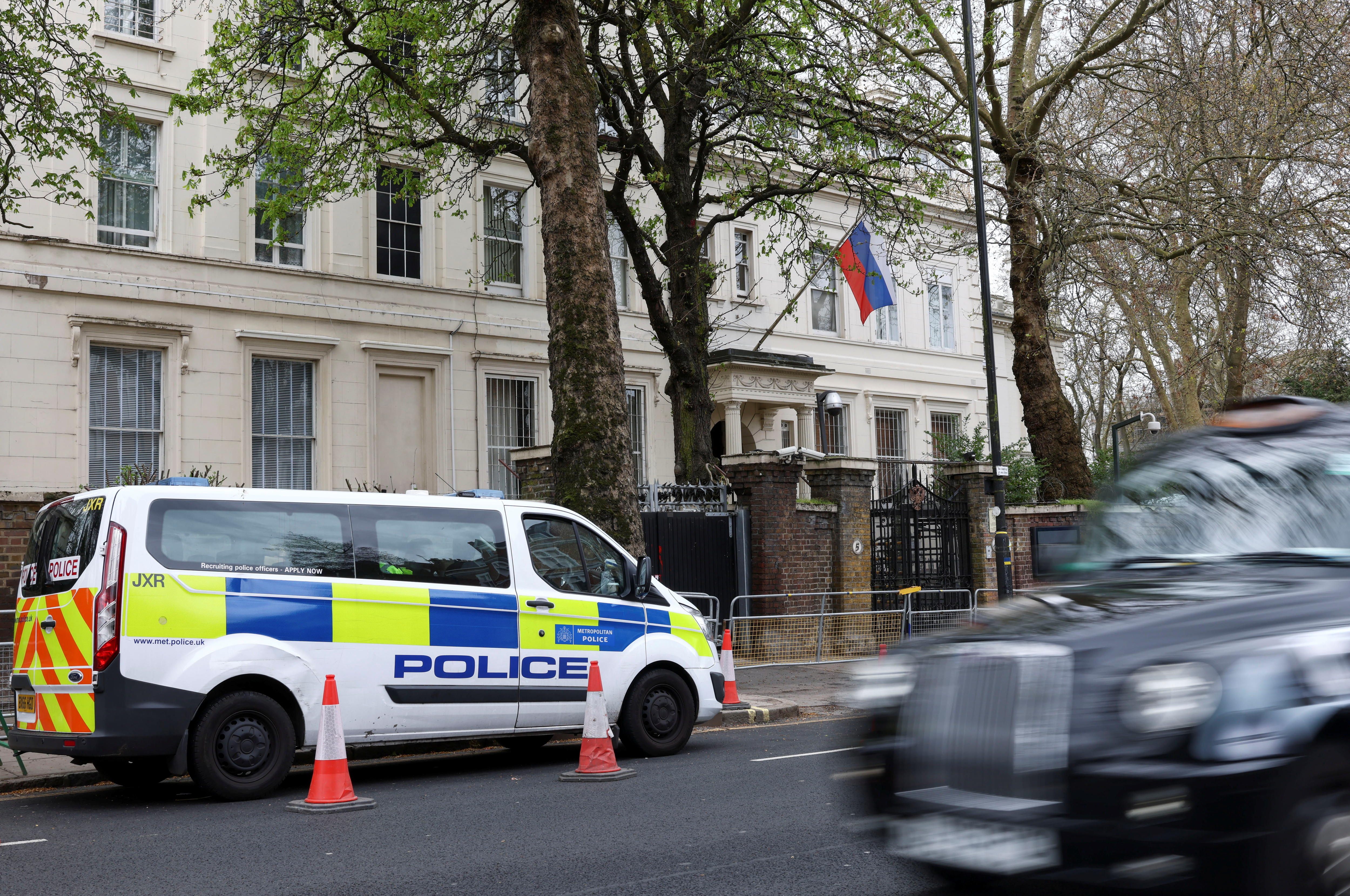 A London Metropolitan Police vehicle parked outside the Russian embassy. 