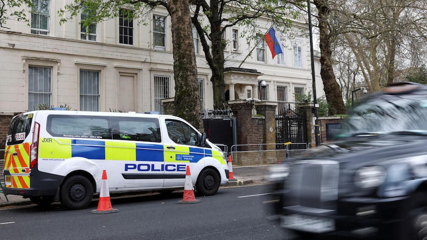 A London Metropolitan Police vehicle parked outside the Russian embassy. 