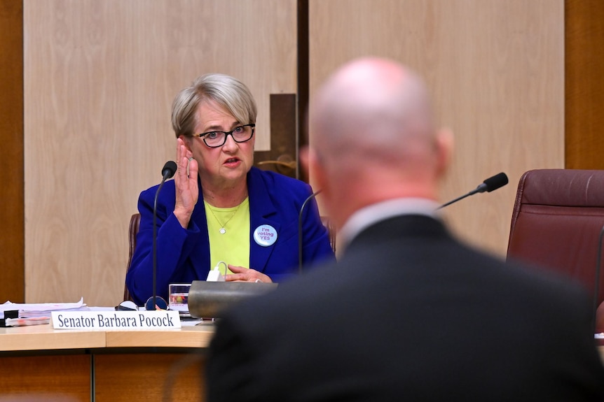 A woman with short hair, green shirt and blue blazer speaks at a man while gesturing with her right hand. The man is obscured.