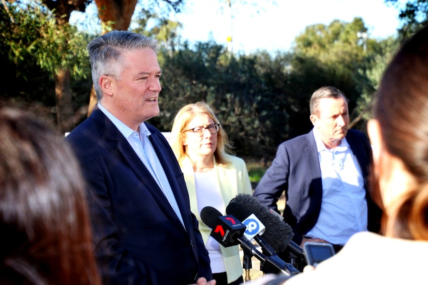 Mathias Cormann stands at an outdoor press conference next to Rita Saffioti and Mark McGowan.