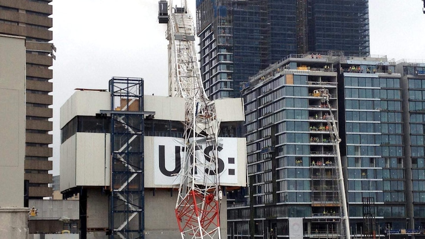 The wreckage of a crane lies across part of the University of Sydney.