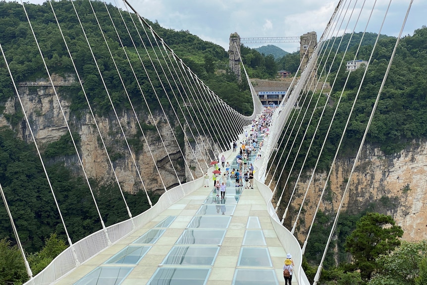 Visitors walk on a 430-metre long glass-bottomed bridge over the Zhangjiajie Grand Canyon.