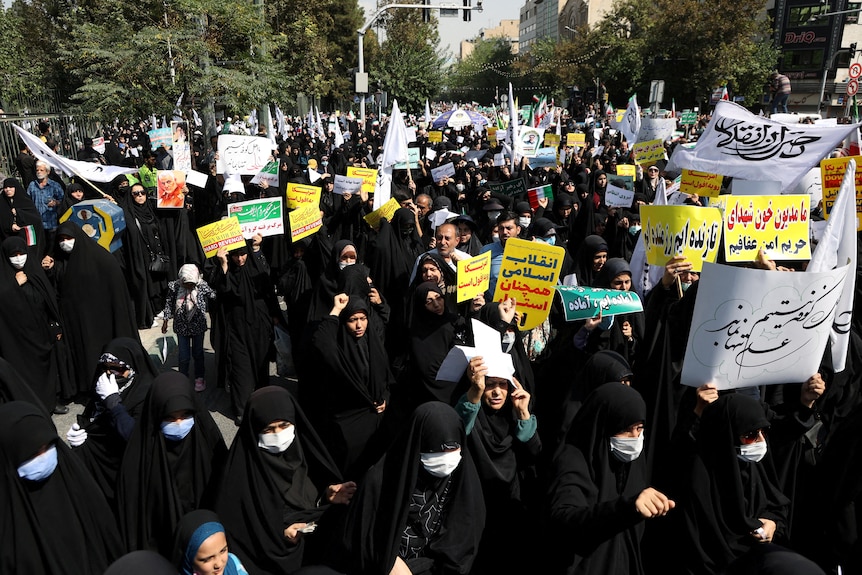 People gather holding pro-government signs and flags.