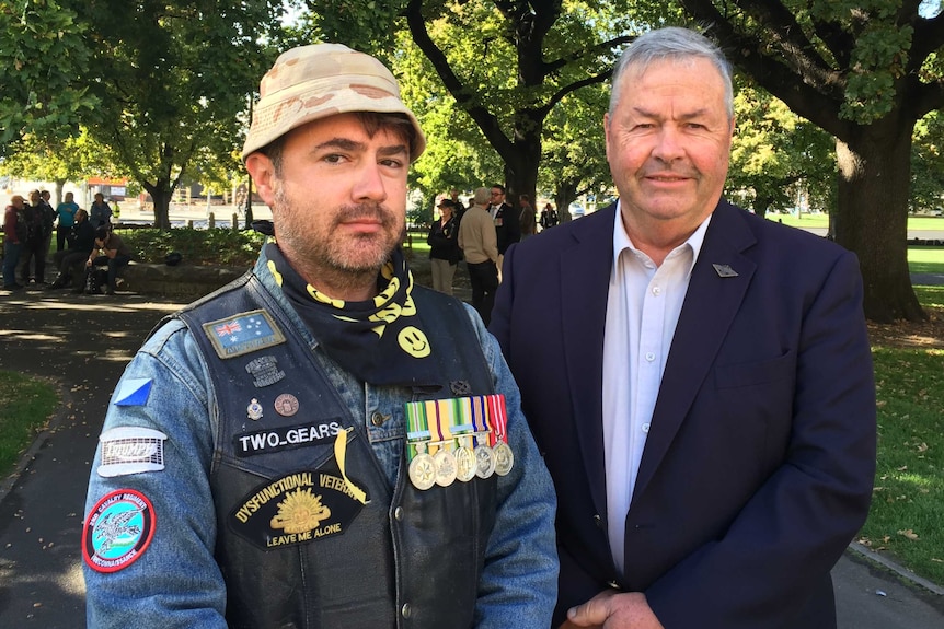 Australian Defence Force (ADF) veterans Joshua Weir (l) and Robert Patterson at a rally organised by Senator Jacquie Lambie, calling for a Royal Commission into the ADF