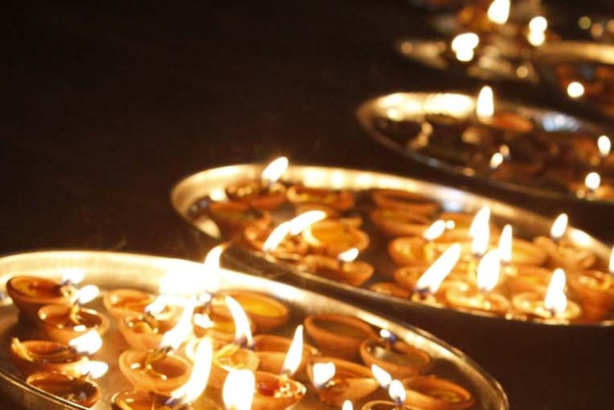 Candles at a Hindu temple during Diwali