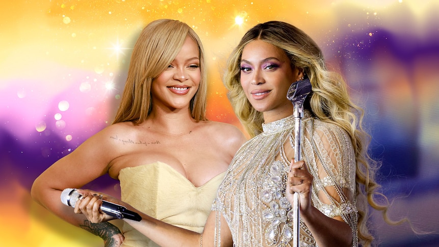 A designed image of Rihanna and Beyonce smiling against a sparkly yellow and purple background
