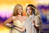 A designed image of Rihanna and Beyonce smiling against a sparkly yellow and purple background