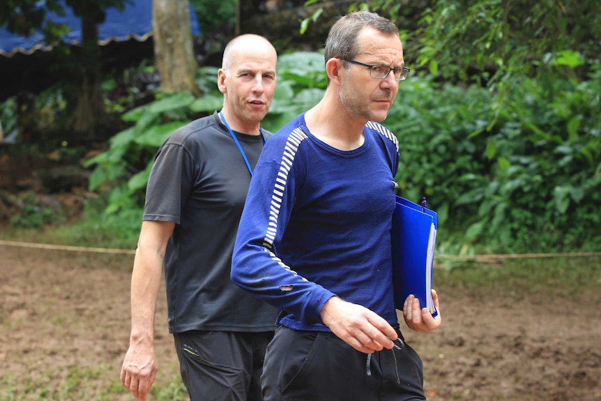 Richard Stanton, left, and John Volanthen arrive in Mae Sai, Chiang Rai province in northern Thailand on July 3, 2018.