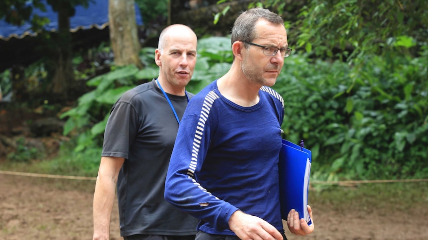 Richard Stanton, left, and John Volanthen arrive in Mae Sai, Chiang Rai province in northern Thailand on July 3, 2018.