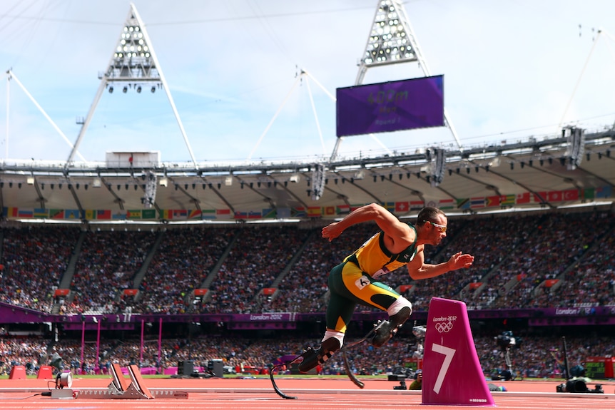 Blade Runner ... Oscar Pistorius competes in the Men's 400m Round 1 Heats during the London Olympics.