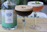 Two cocktails, one brown and one pink, in long-stemmed glasses next to a bottle of clear vodka with a green label.