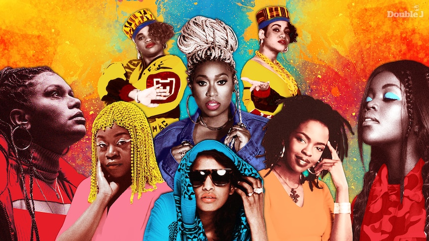 A compilation image of trailblazing women in hip hop.