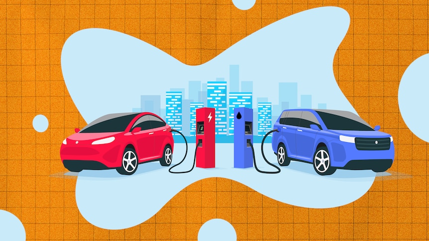 An illustration of an electric car and a petrol car. 