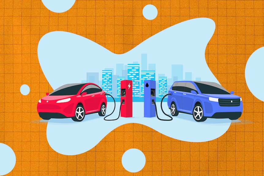 An illustration of an electric car and a petrol car. 