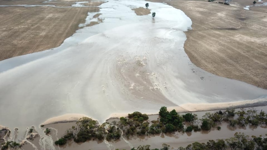 Floodwaters run across a paddock and onto a road. Taken from above.