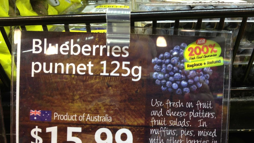 A supermarket sign advertising blueberries at $16 per 125 gram punnet.