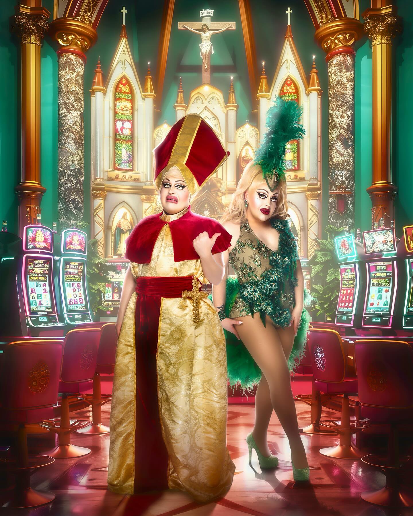 Two Hannahs - one in a gold and red palpal outfit and another in a green showgirl look, in a church with pokies.