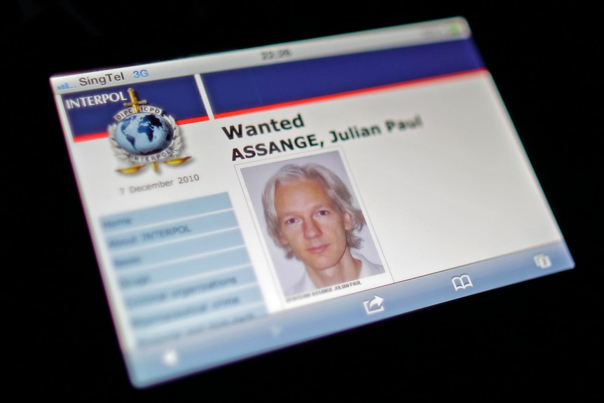 Изображение экрана, на котором показан сайт Интерпола с разыскиваемым Джулианом Ассанжем.