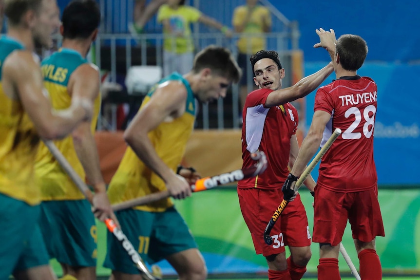 Tanguy Cosyns celebrates a goal against the Kookaburras