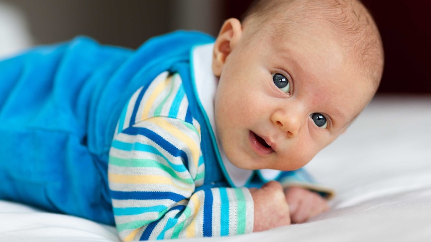 A baby dressed in blue